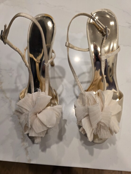 Audrey Brooke Shoes - Women's Ivory Silk Slingback Open Toe Heels With Fluttery Flower On Top.